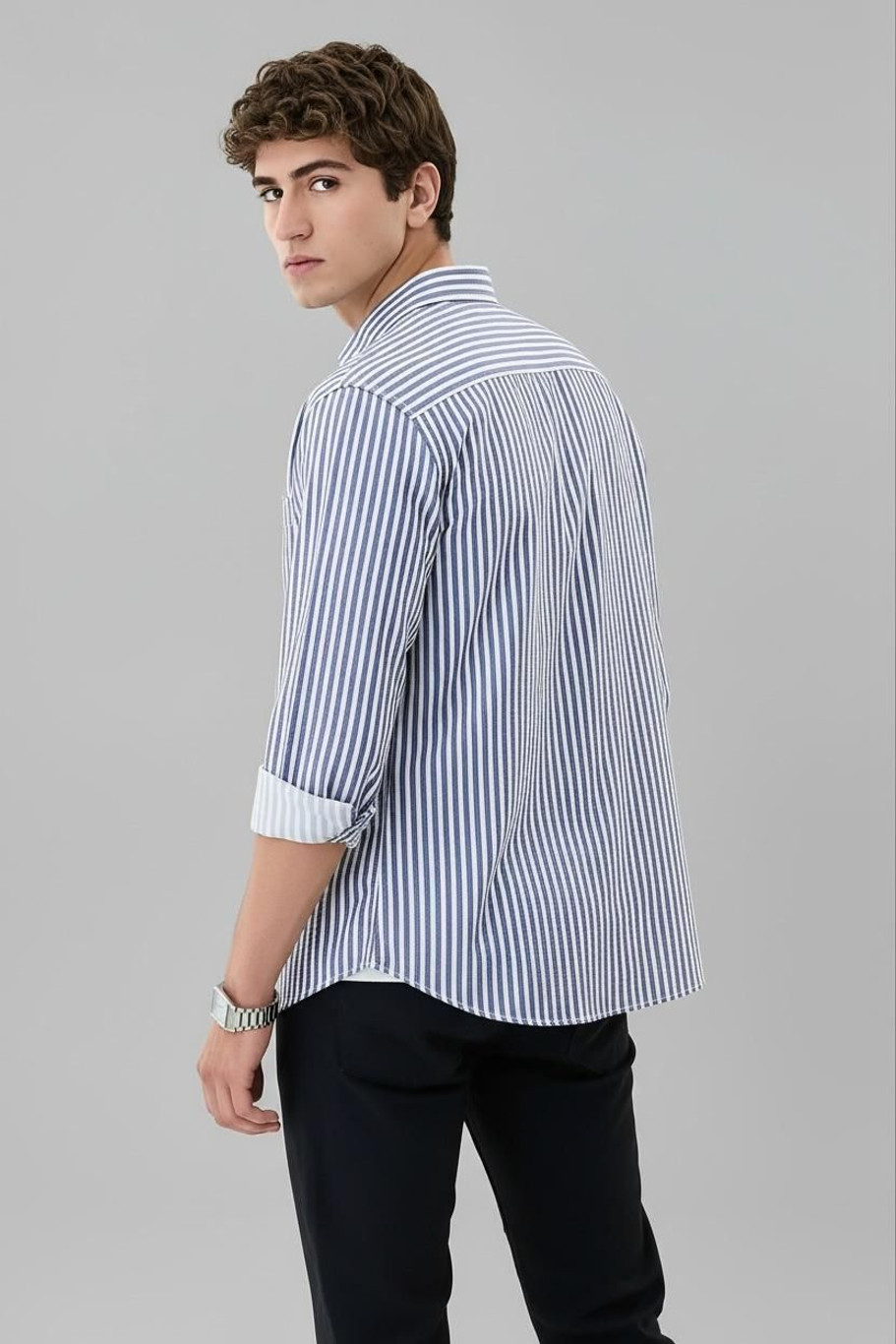 Men Slim Fit Striped Spread Collar Casual Shirt | Full Sleeve | Stylish Everyday Wear - Image 4