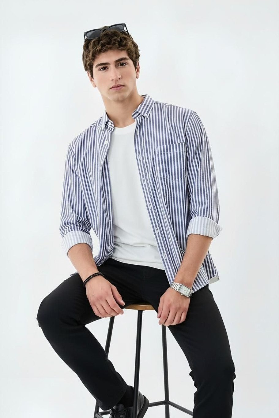 Men Slim Fit Striped Spread Collar Casual Shirt | Full Sleeve | Stylish Everyday Wear - Image 3