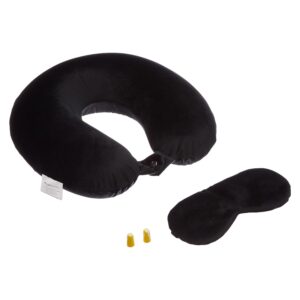 Amazon Basics Memory Foam Travel Neck Pillow with Eye Mask & Ear Plugs Combo | Ultra Soft Velvet Fabric | Ergonomic U-Shaped Neck Support for Airplane, Car, Train & Bus Travel
