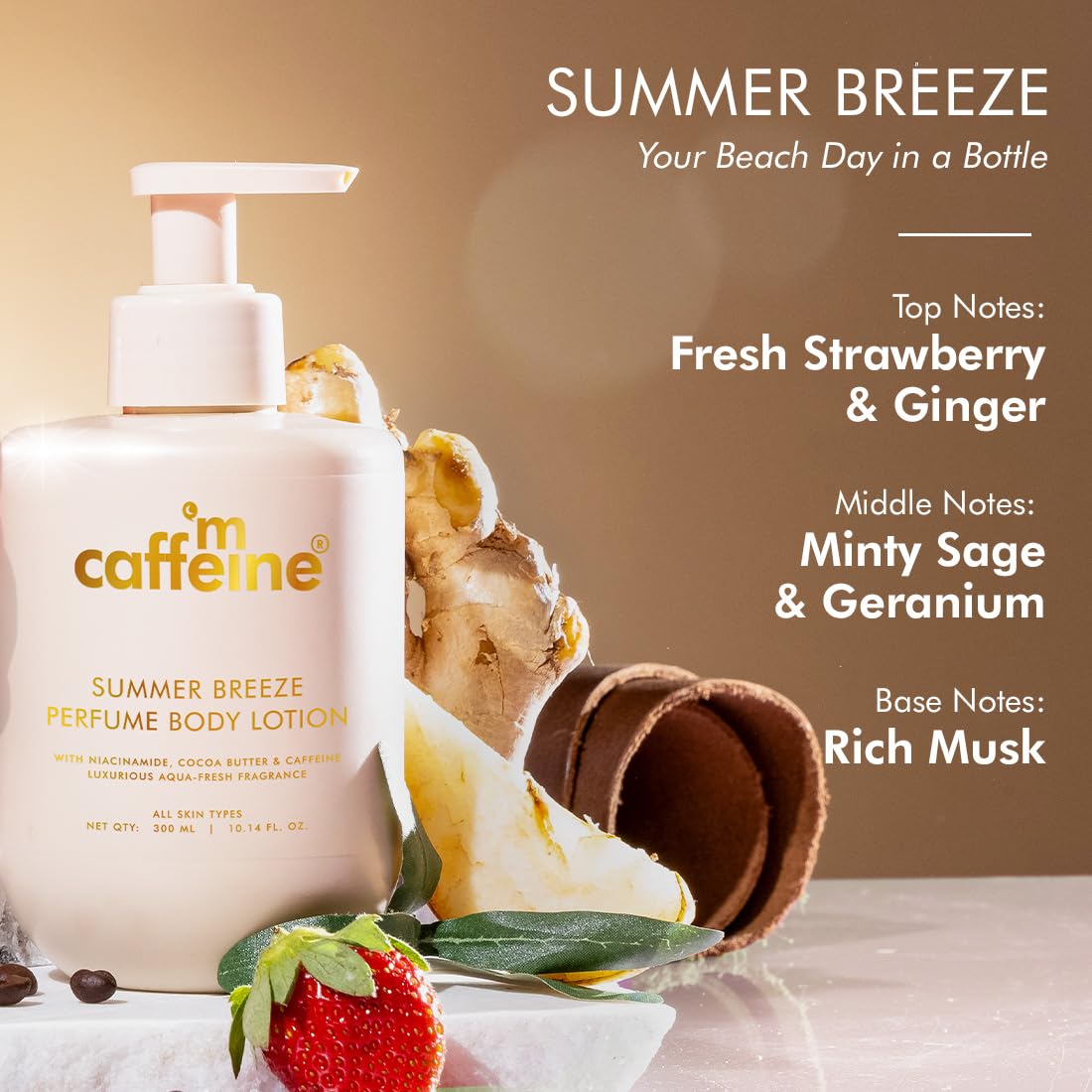 mCaffeine Summer Breeze Perfume Body Lotion 300ml ? Deep Moisturizing Body Cream with Niacinamide, Cocoa & Shea Butter, Lightweight Non-Sticky Formula, Aqua-Fresh Beachy Fragrance for Dry Skin - Image 2