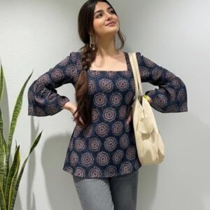 Women's Viscose Blend Printed Short Kurti | Straight Fit Casual Ethnic Top | Square Neck | Full Sleeves | Office, College & Daily Wear