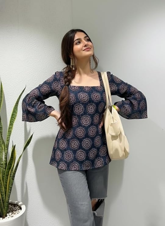 Women's Viscose Blend Printed Short Kurti | Straight Fit Casual Ethnic Top | Square Neck | Full Sleeves | Office, College & Daily Wear