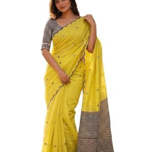 Linen Cotton Saree with Black Mirror Work
