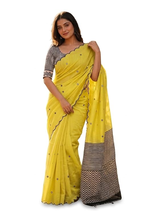 Linen Cotton Saree with Black Mirror Work