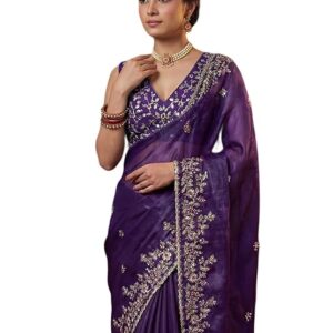 Women's Tissue Silk Saree with Scalloped Embroidered Border & Unstitched Blouse Piece | Elegant Festive & Party Wear