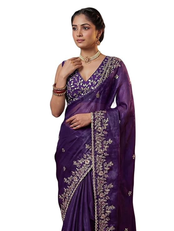 Women's Tissue Silk Saree with Scalloped Embroidered Border & Unstitched Blouse Piece | Elegant Festive & Party Wear