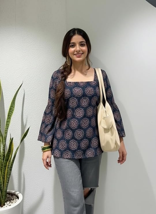 Women's Viscose Blend Printed Short Kurti | Straight Fit Casual Ethnic Top | Square Neck | Full Sleeves | Office, College & Daily Wear - Image 4