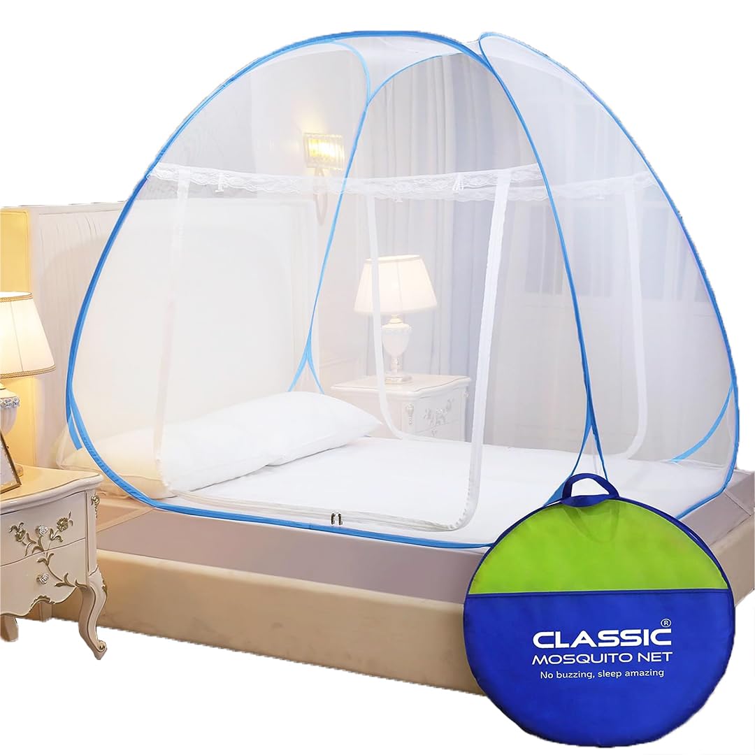 P. King Size or Queen size Pop Up Mosquito Net for Double Bed | 30 GSM Fine Polyester Mesh | Foldable Machardani with 360? Mosquito & Insect Protection | Washable, Breathable & Reusable | Easy Installation