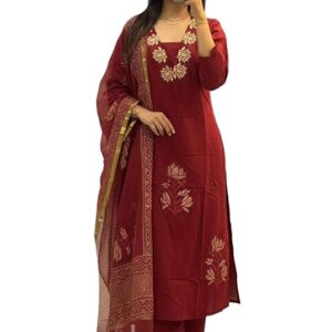 Women's Rayon Viscose Straight Fit Printed & Embroidered Kurta with Pant & Dupatta | Ethnic Kurta Set for Daily, Office & Festive Wear