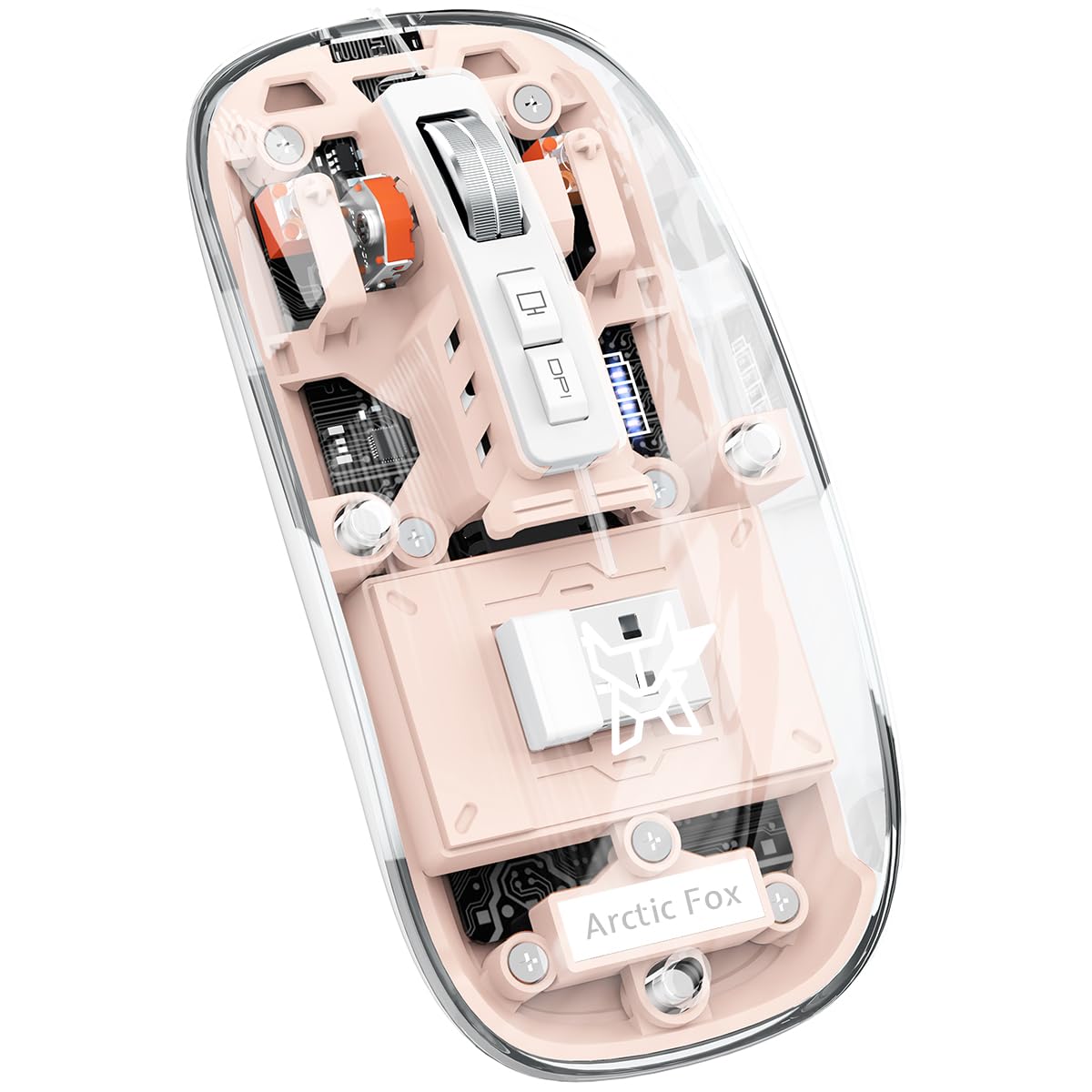 Arctic Fox Pureview Transparent Wireless & Bluetooth Rechargeable Mouse with USB Receiver | Slim LED Battery Display | Multi-Device Mouse for PC, Mac, Laptop, iPad & Office | Youth Powder