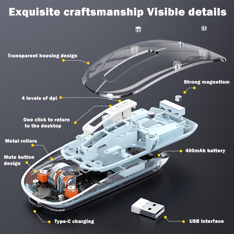 Arctic Fox Pureview Transparent Wireless & Bluetooth Rechargeable Mouse with USB Receiver | Slim LED Battery Display | Multi-Device Mouse for PC, Mac, Laptop, iPad & Office | Youth Powder - Image 4