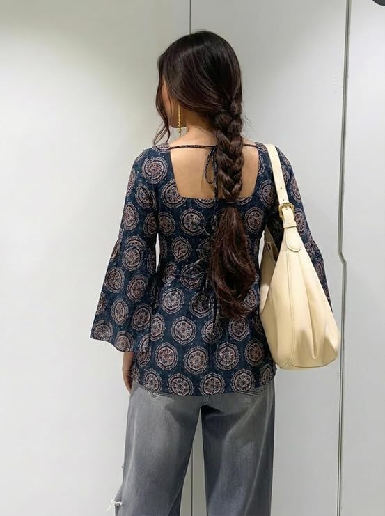 Women's Viscose Blend Printed Short Kurti | Straight Fit Casual Ethnic Top | Square Neck | Full Sleeves | Office, College & Daily Wear - Image 3