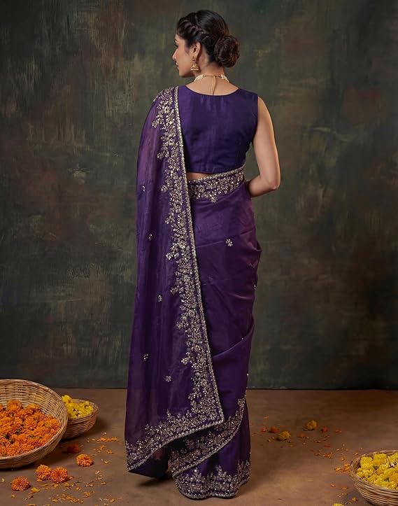 Women's Tissue Silk Saree with Scalloped Embroidered Border & Unstitched Blouse Piece | Elegant Festive & Party Wear - Image 4