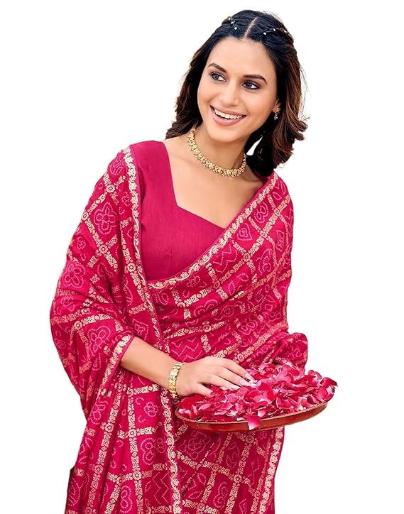 Women's Vichitra Silk Foil Bandhani Printed Saree With Unstitched Blouse Piece
