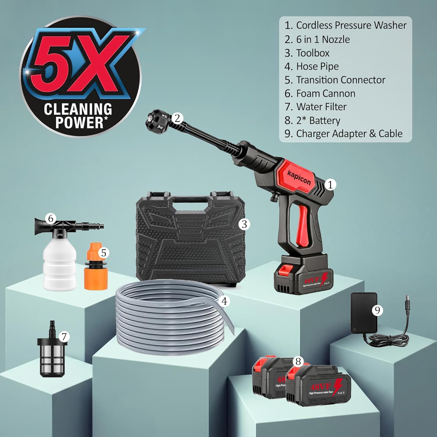 Kapicon KP-RBPW Cordless Pressure Washer 48V 12000mAh Battery | 80 Bar Portable High Pressure Car Washer with Spray Gun | Rechargeable Cleaner for Car, Bike, Home & Garden Cleaning - Image 6