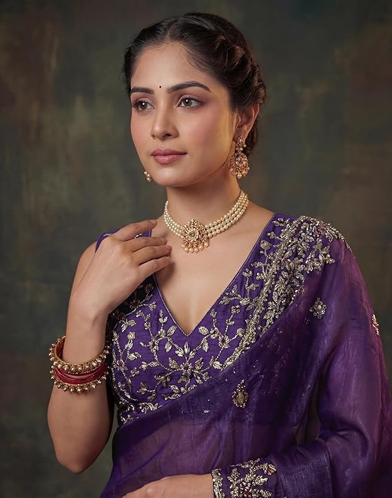 Women's Tissue Silk Saree with Scalloped Embroidered Border & Unstitched Blouse Piece | Elegant Festive & Party Wear - Image 5