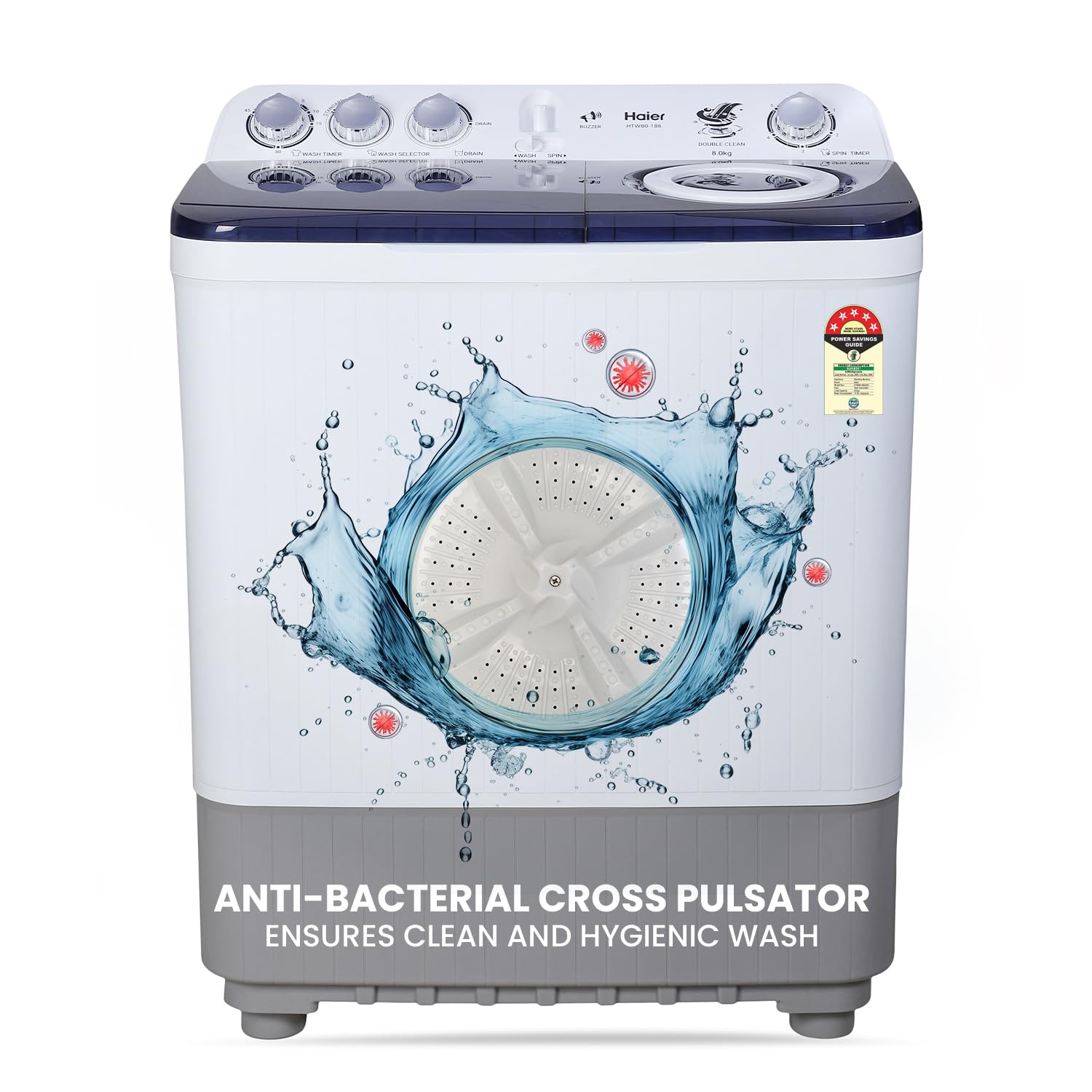 Haier 8kg 5 Star Semi Automatic Top Load Washing Machine | HTW80-186 | Vortex Pulsator