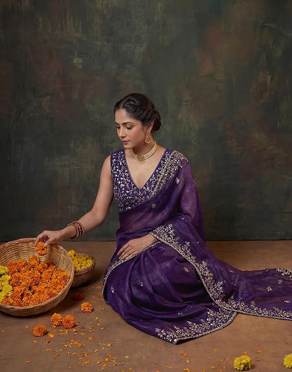 Women's Tissue Silk Saree with Scalloped Embroidered Border & Unstitched Blouse Piece | Elegant Festive & Party Wear - Image 3