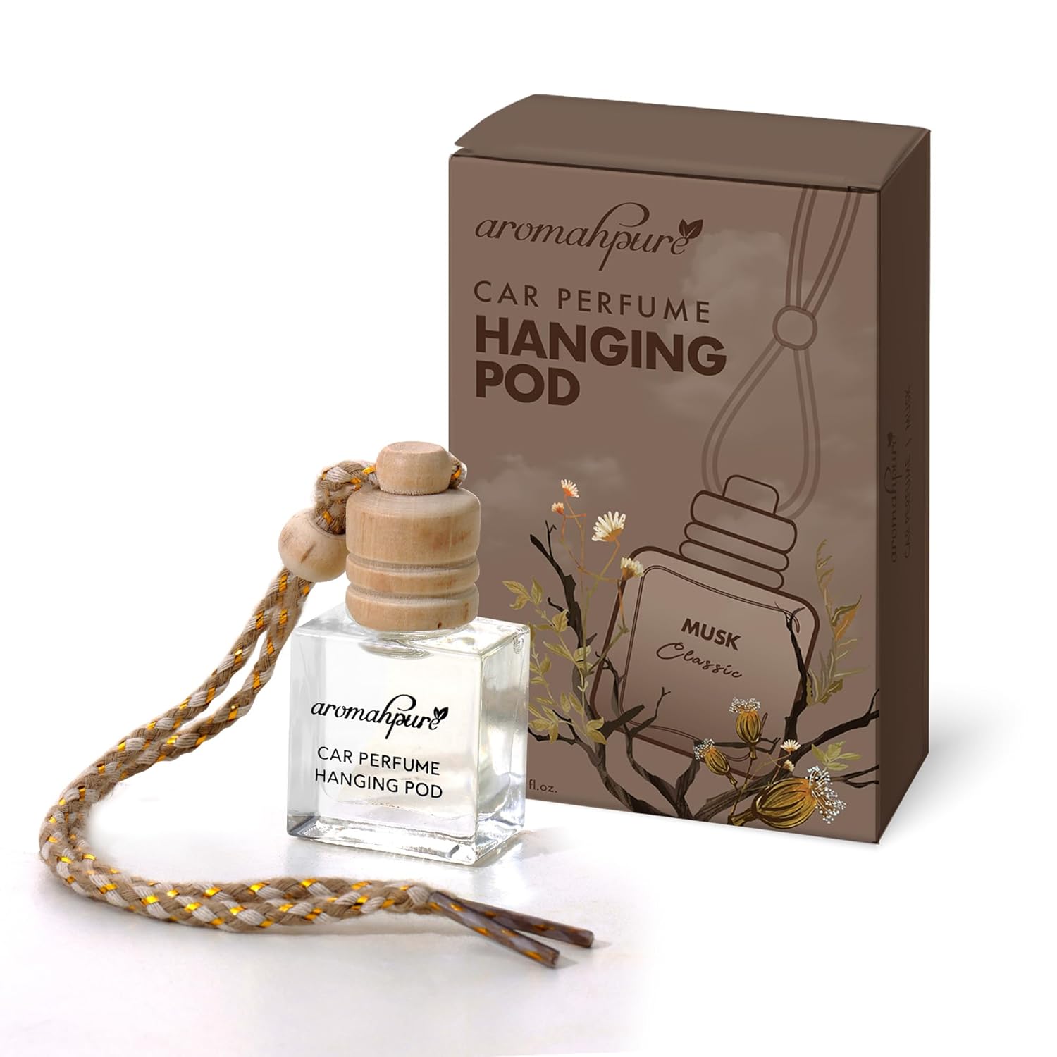 Premium Car Perfume Hanging Pod | 10ml Musk Fragrance Car Air Freshener | Natural Essential Fragrance Oils | Glass Bottle with Wooden Diffuser Lid | Long-Lasting Up to 30 Days | IFRA Certified