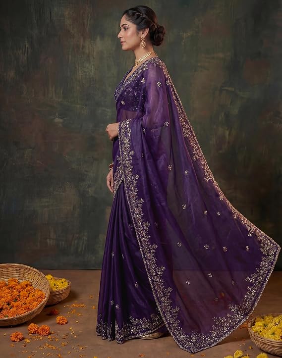 Women's Tissue Silk Saree with Scalloped Embroidered Border & Unstitched Blouse Piece | Elegant Festive & Party Wear - Image 2