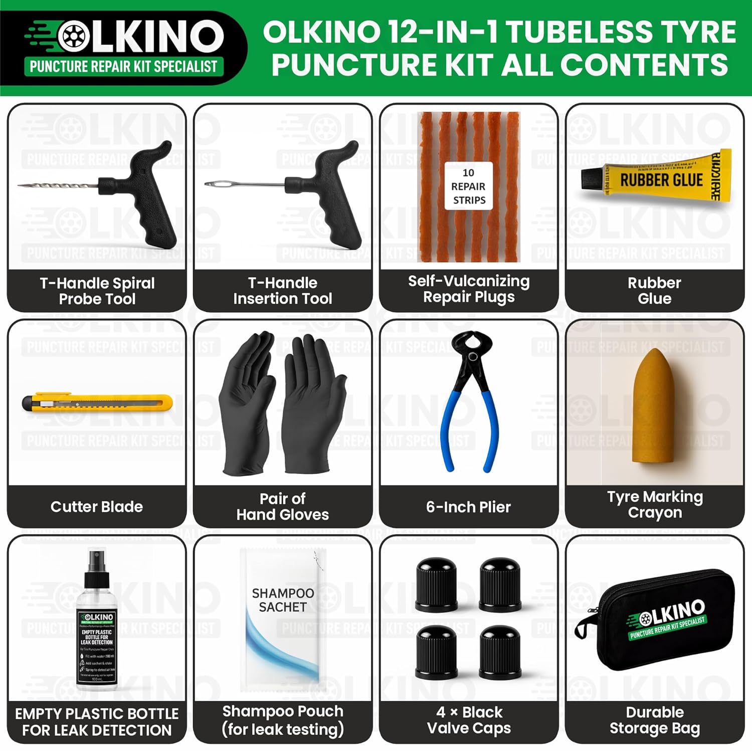 Tubeless Tyre Puncture Repair Kit ? Heavy-Duty T-Handle Tools with 10 Repair Strips, Plier, Rubber Solution, Cutter, Gloves & Storage Bag | For Cars & Bikes - Image 2