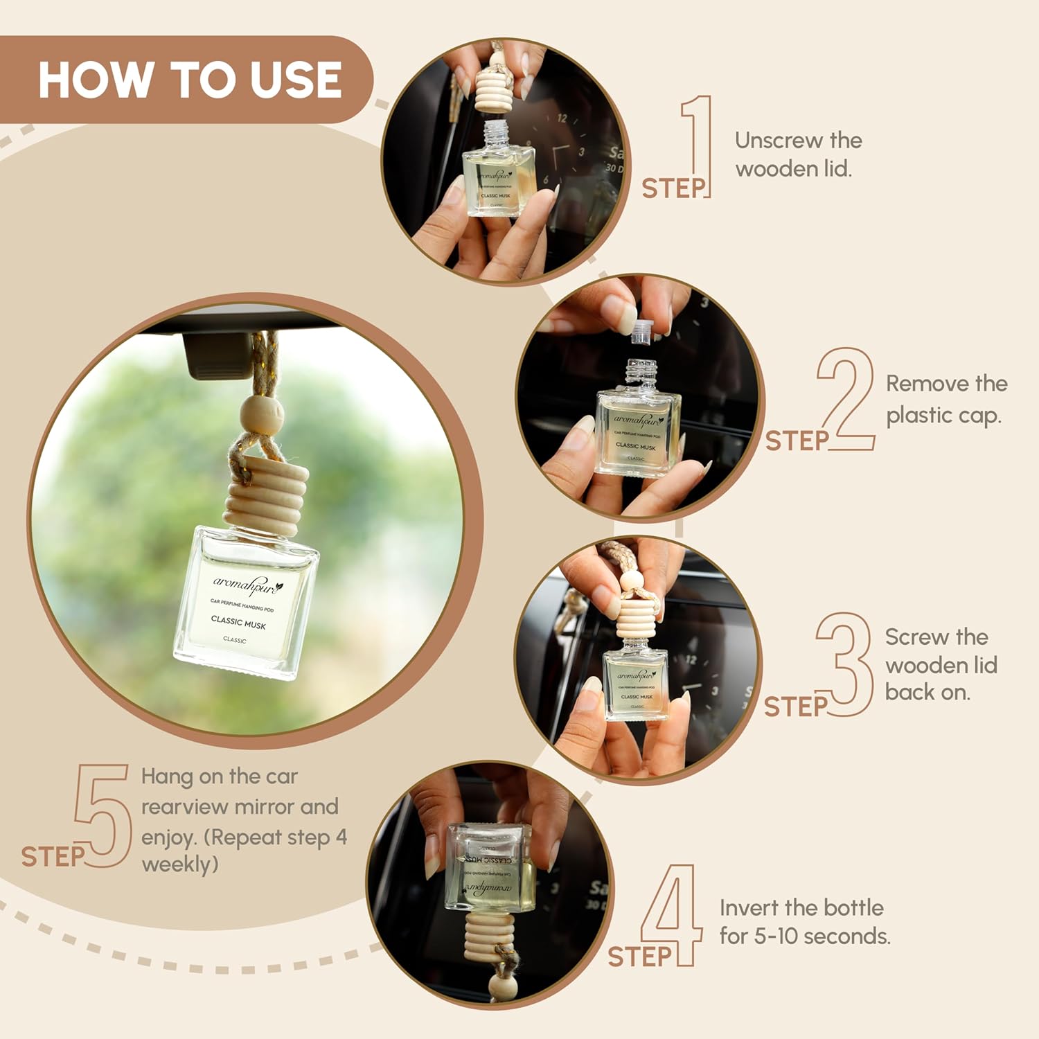Premium Car Perfume Hanging Pod | 10ml Musk Fragrance Car Air Freshener | Natural Essential Fragrance Oils | Glass Bottle with Wooden Diffuser Lid | Long-Lasting Up to 30 Days | IFRA Certified - Image 5
