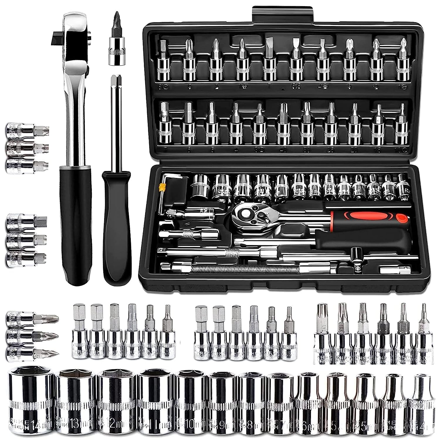 Fancy Products 46-in-1 Drive Socket Set ? Auto Repair Hand Tool Kit with Ratchet, Metric Sockets, Hex Wrenches & Screwdriver Bits | Portable Storage Case