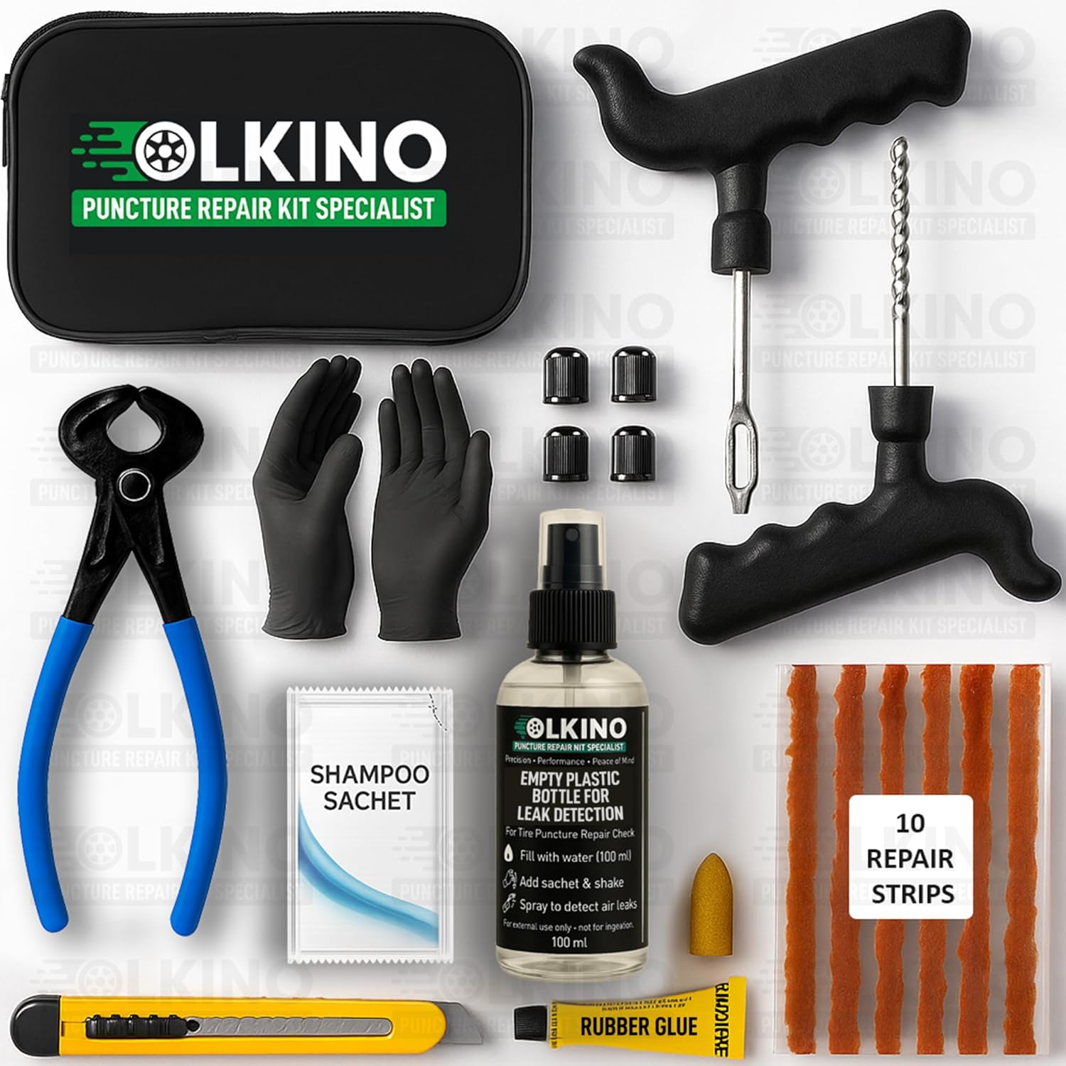 Tubeless Tyre Puncture Repair Kit ? Heavy-Duty T-Handle Tools with 10 Repair Strips, Plier, Rubber Solution, Cutter, Gloves & Storage Bag | For Cars & Bikes