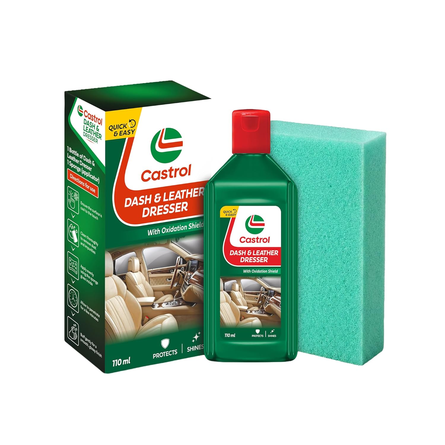 Castrol Dash & Leather Dresser (110 ml) ? Dashboard, Leather, Vinyl & Rubber Polish | UV & Heat Protection | Restores Shine | Non-Greasy Finish | Oxidation Shield