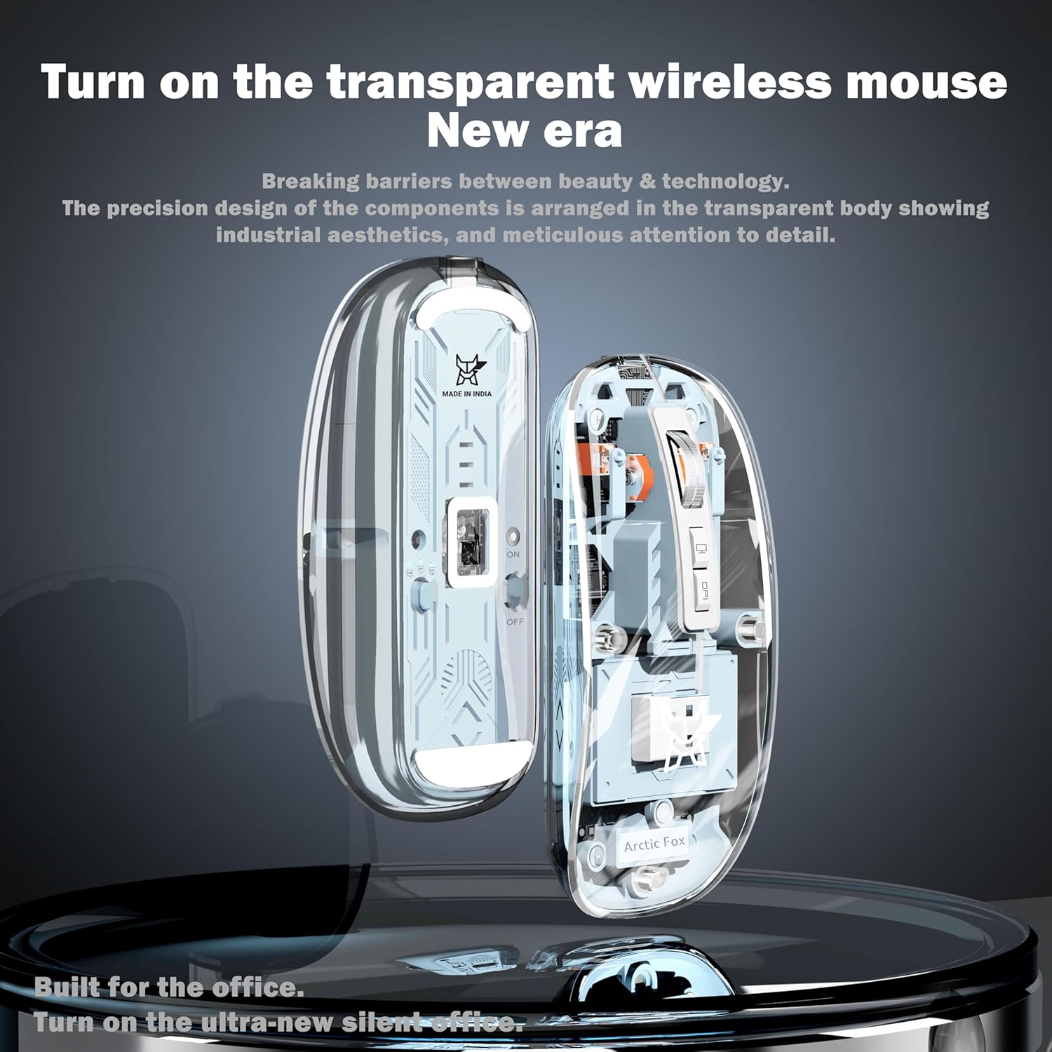 Arctic Fox Pureview Transparent Wireless & Bluetooth Rechargeable Mouse with USB Receiver | Slim LED Battery Display | Multi-Device Mouse for PC, Mac, Laptop, iPad & Office | Youth Powder - Image 2