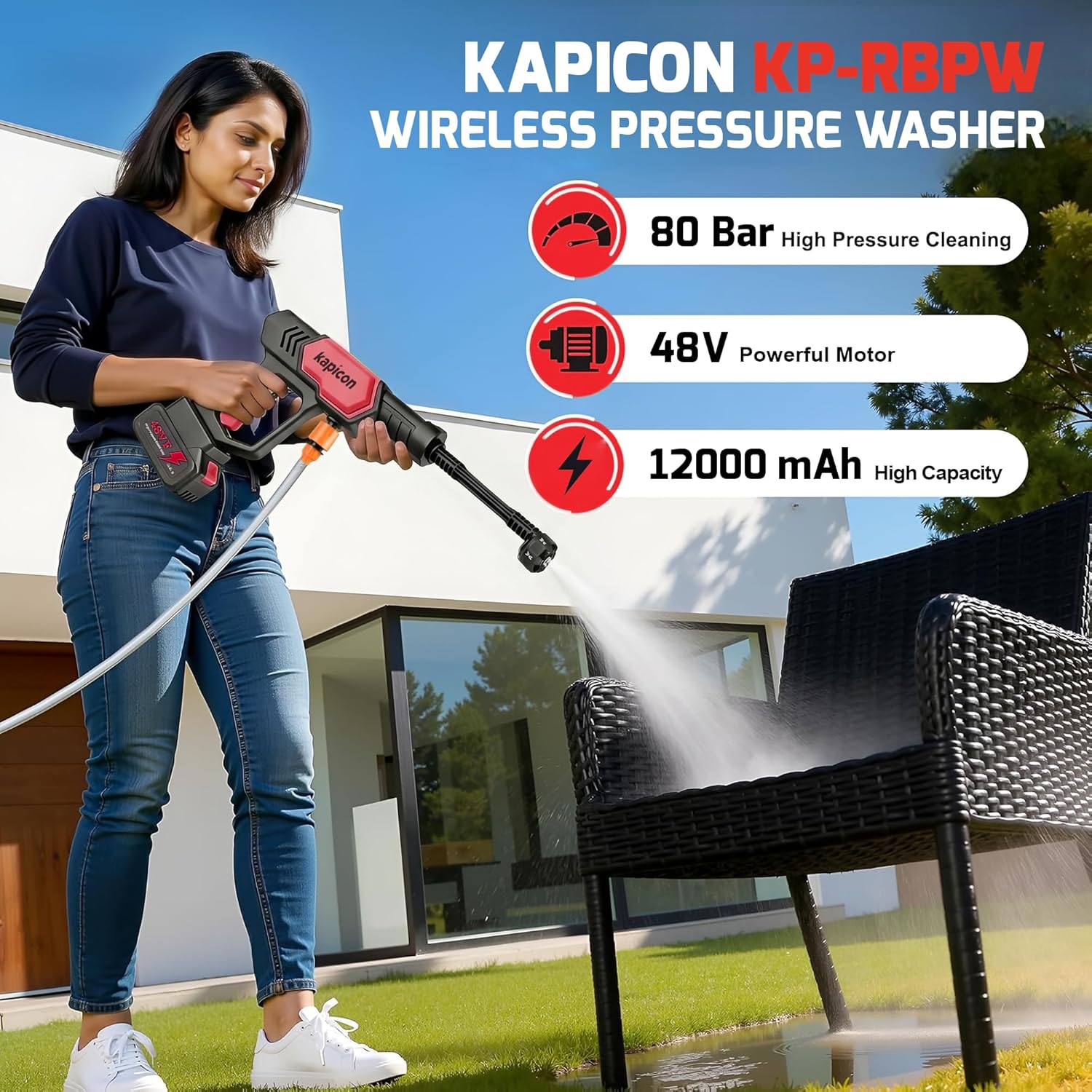 Kapicon KP-RBPW Cordless Pressure Washer 48V 12000mAh Battery | 80 Bar Portable High Pressure Car Washer with Spray Gun | Rechargeable Cleaner for Car, Bike, Home & Garden Cleaning - Image 2