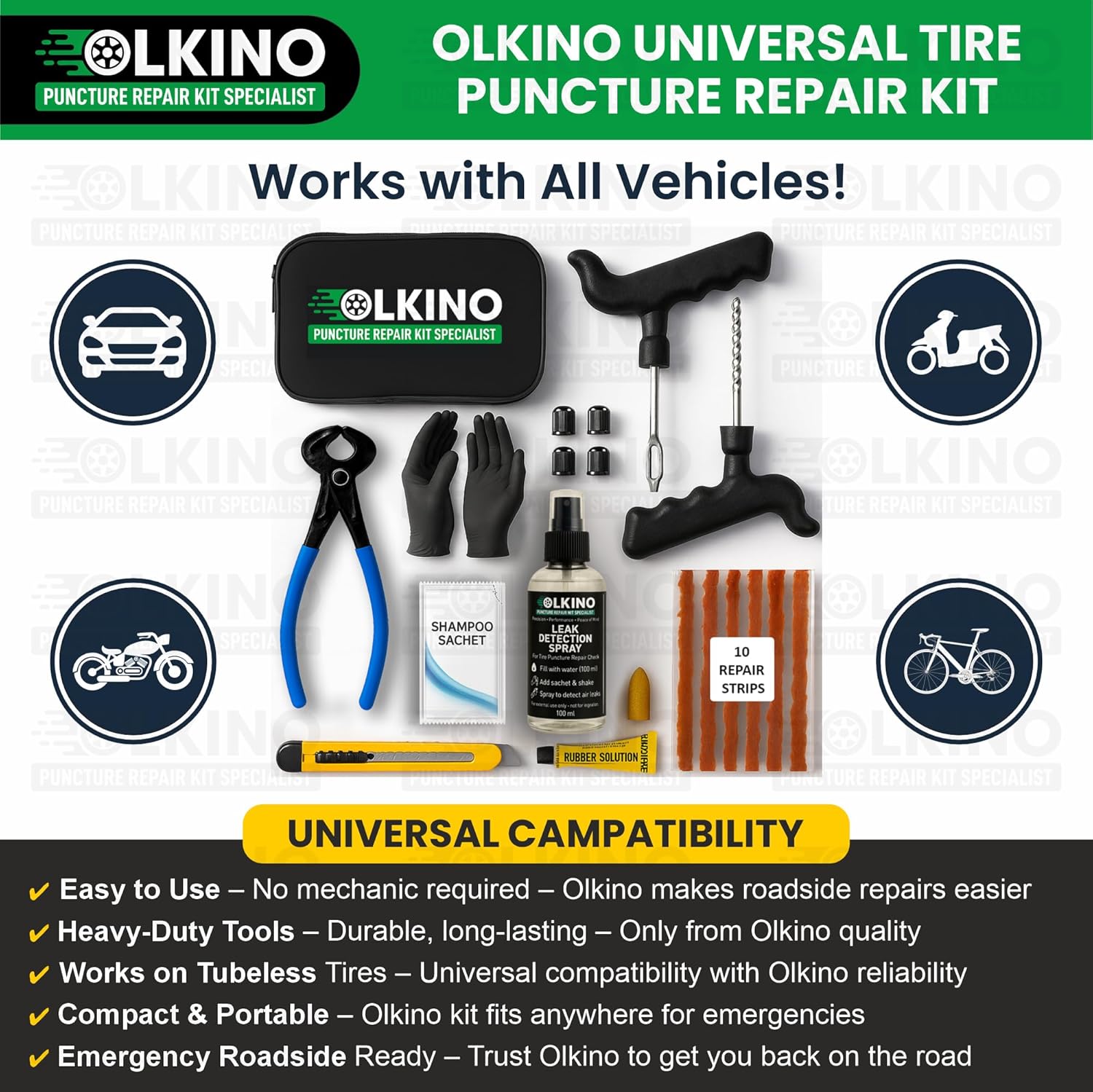Tubeless Tyre Puncture Repair Kit ? Heavy-Duty T-Handle Tools with 10 Repair Strips, Plier, Rubber Solution, Cutter, Gloves & Storage Bag | For Cars & Bikes - Image 5