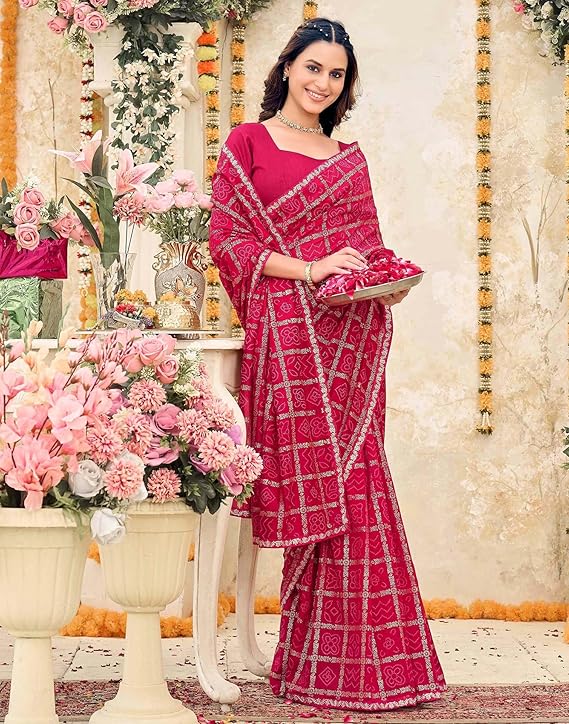 Women's Vichitra Silk Foil Bandhani Printed Saree With Unstitched Blouse Piece - Image 4