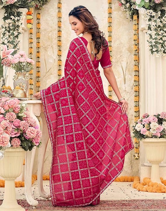 Women's Vichitra Silk Foil Bandhani Printed Saree With Unstitched Blouse Piece - Image 3