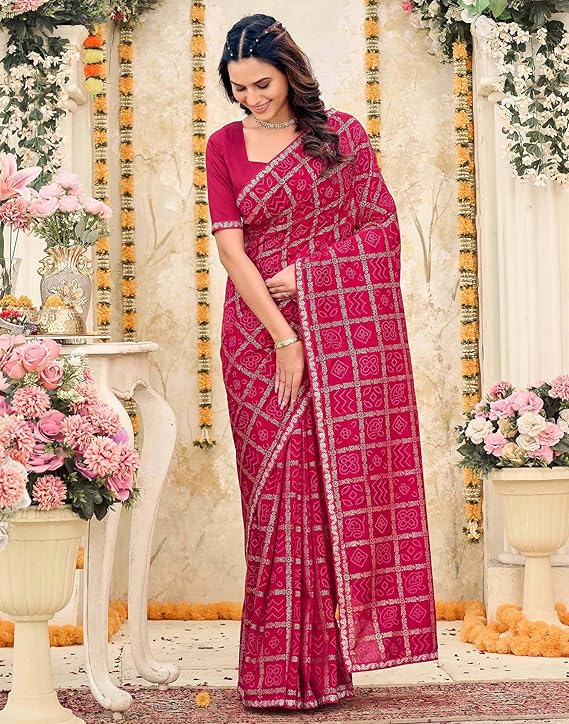 Women's Vichitra Silk Foil Bandhani Printed Saree With Unstitched Blouse Piece - Image 2