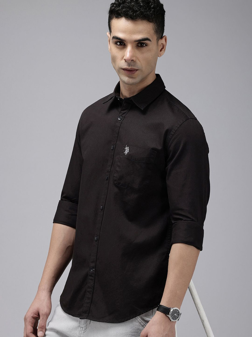U.S. POLO ASSN. Men Slim Fit Solid Cut Away Collar Casual Shirt